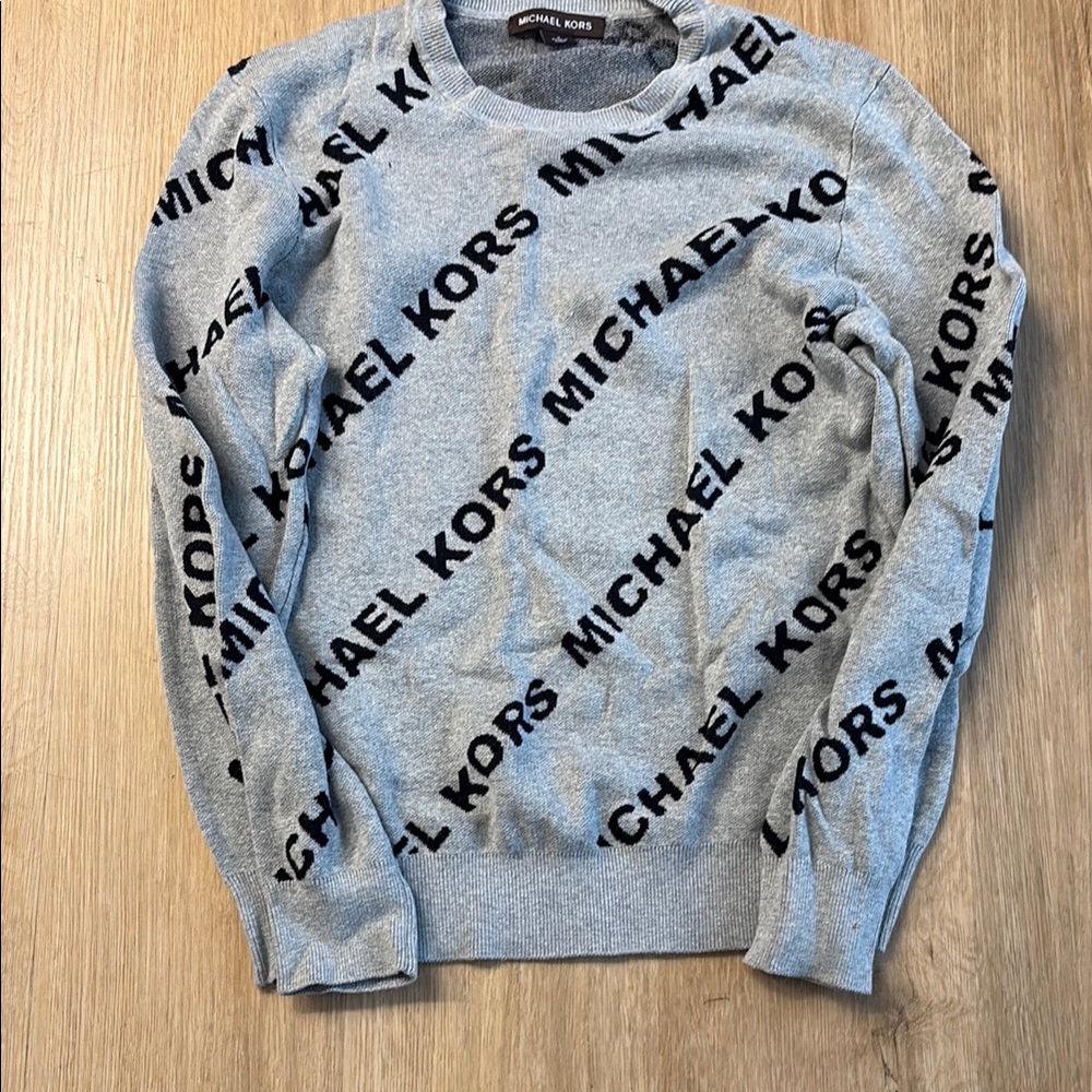 Michael Kors Gray Crewneck Sweater with Diagonal Text Pattern